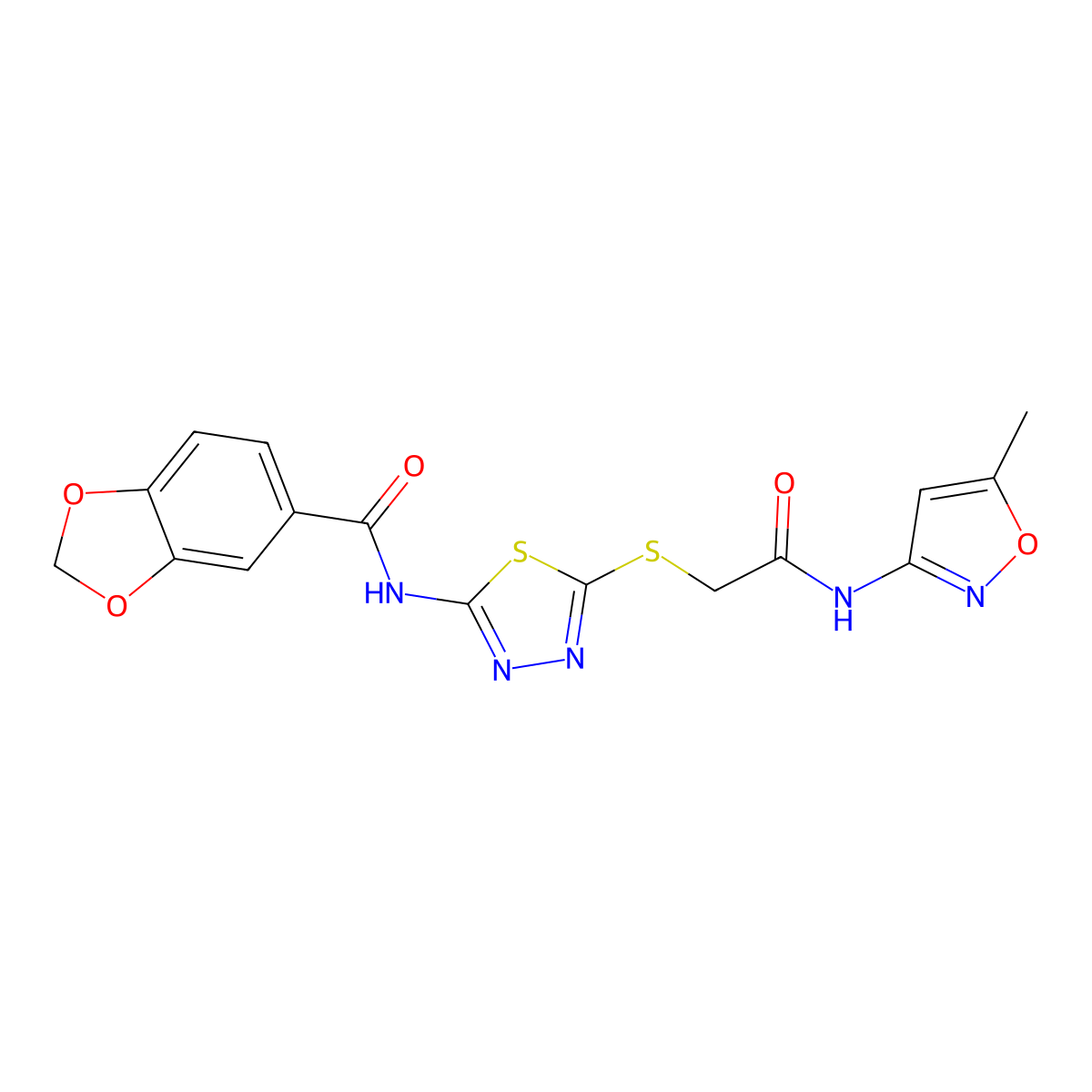 N-(5-((2-((5-methylisoxazol-3-yl)amino)-2-oxoethyl)thio)-1,3,4-thiadiazol-2-yl)benzo[d][1,3]dioxole-5-carboxamide molecular structure, CAS 477215-32-0