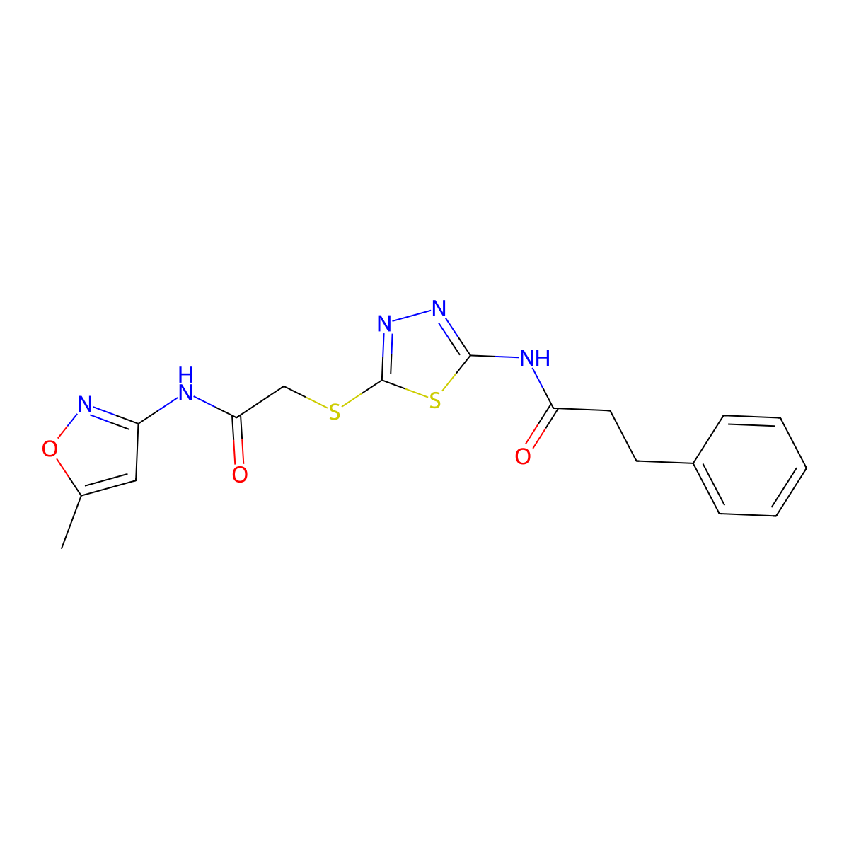 N-(5-((2-((5-methylisoxazol-3-yl)amino)-2-oxoethyl)thio)-1,3,4-thiadiazol-2-yl)-3-phenylpropanamide molecular structure, CAS 477215-37-5