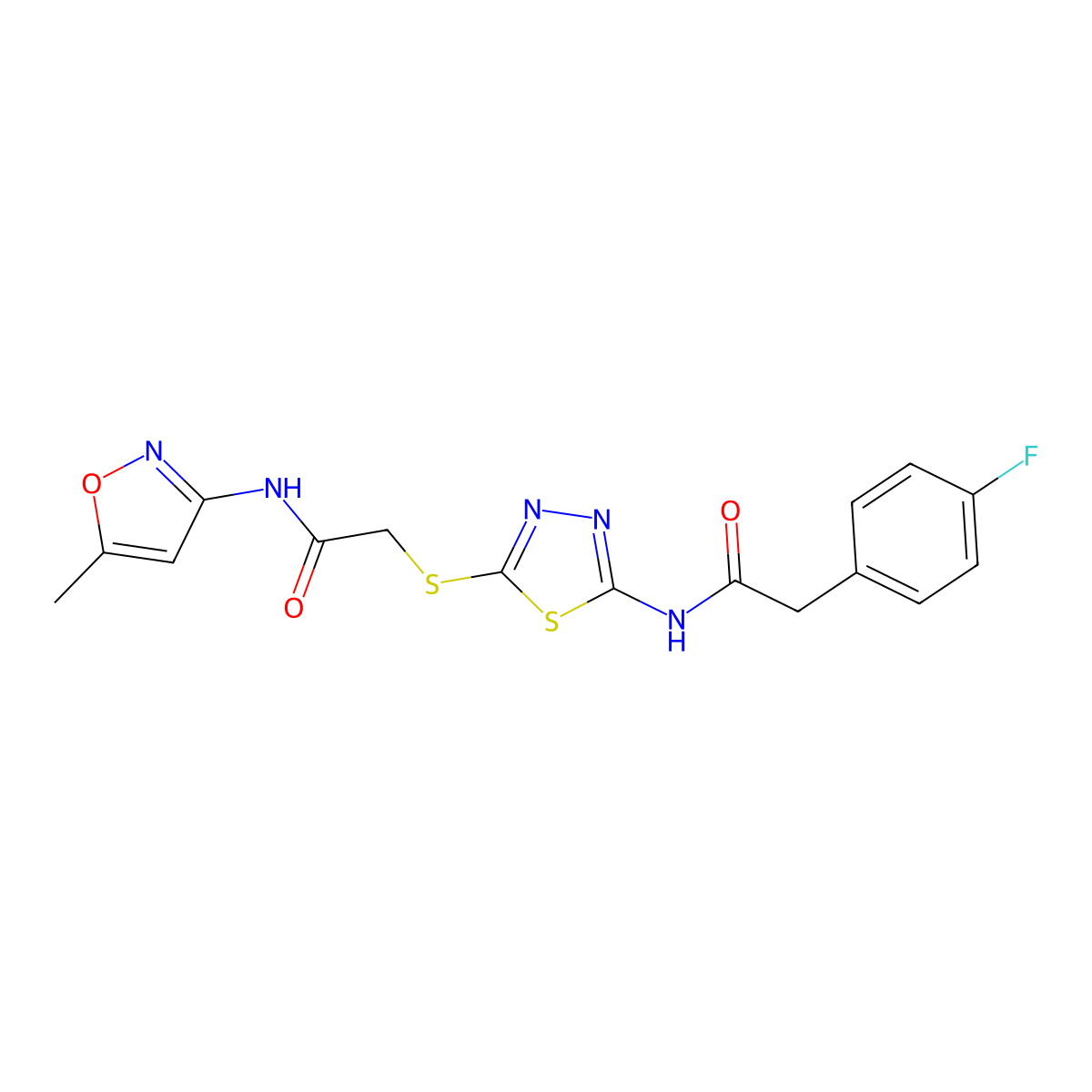 2-(4-fluorophenyl)-N-(5-((2-((5-methylisoxazol-3-yl)amino)-2-oxoethyl)thio)-1,3,4-thiadiazol-2-yl)acetamide molecular structure, CAS 477215-41-1