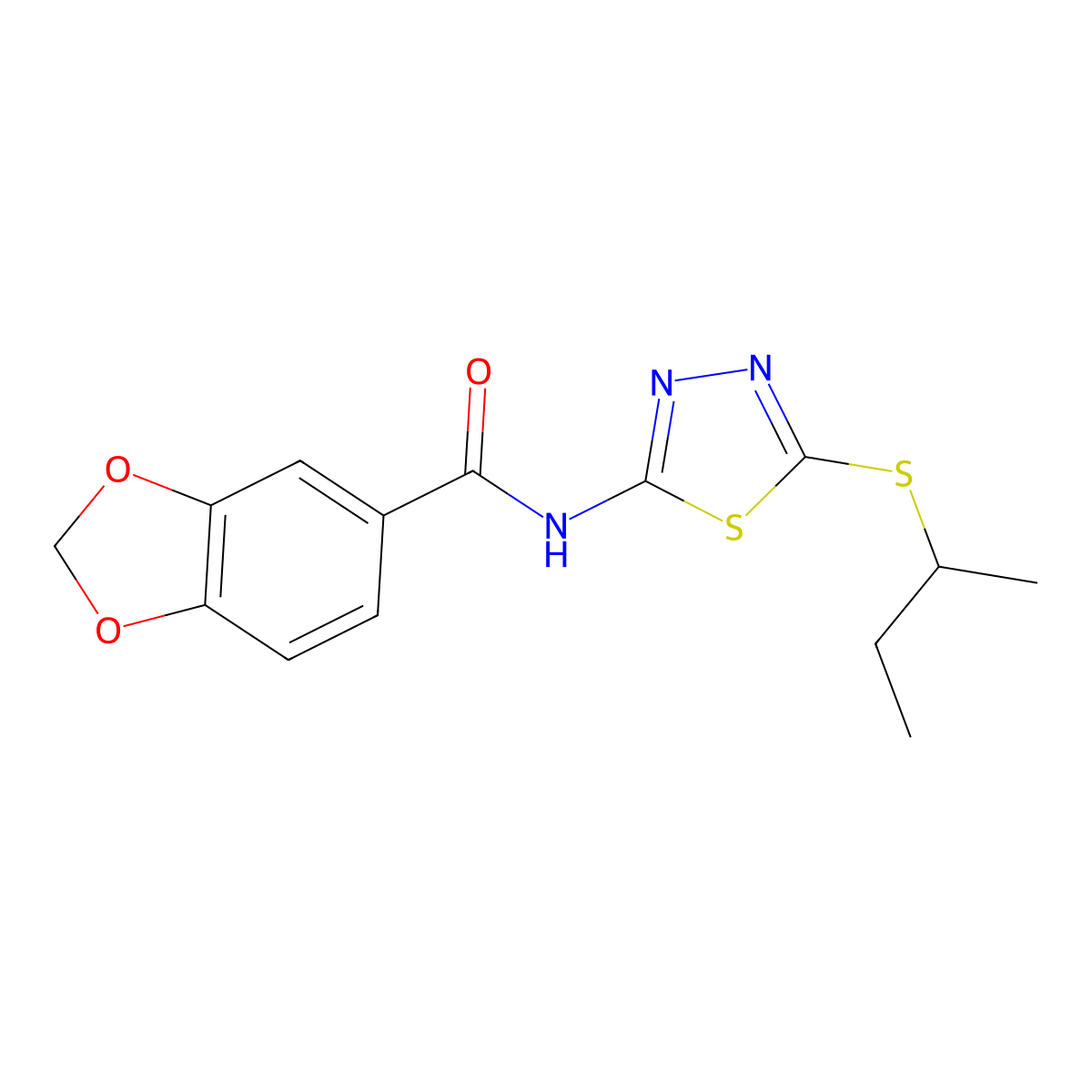 N-(5-butan-2-ylsulfanyl-1,3,4-thiadiazol-2-yl)-1,3-benzodioxole-5-carboxamide molecular structure, CAS 477215-47-7