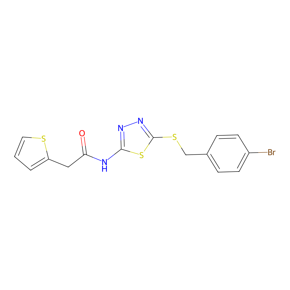 N-(5-((4-bromobenzyl)thio)-1,3,4-thiadiazol-2-yl)-2-(thiophen-2-yl)acetamide molecular structure, CAS 477215-75-1