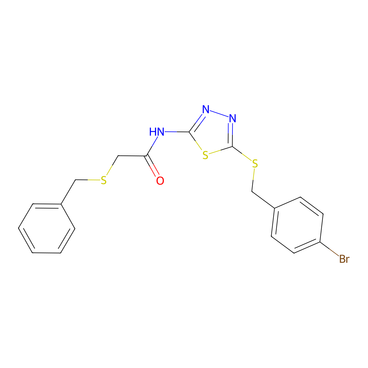 2-(benzylthio)-N-(5-((4-bromobenzyl)thio)-1,3,4-thiadiazol-2-yl)acetamide molecular structure, CAS 477215-83-1