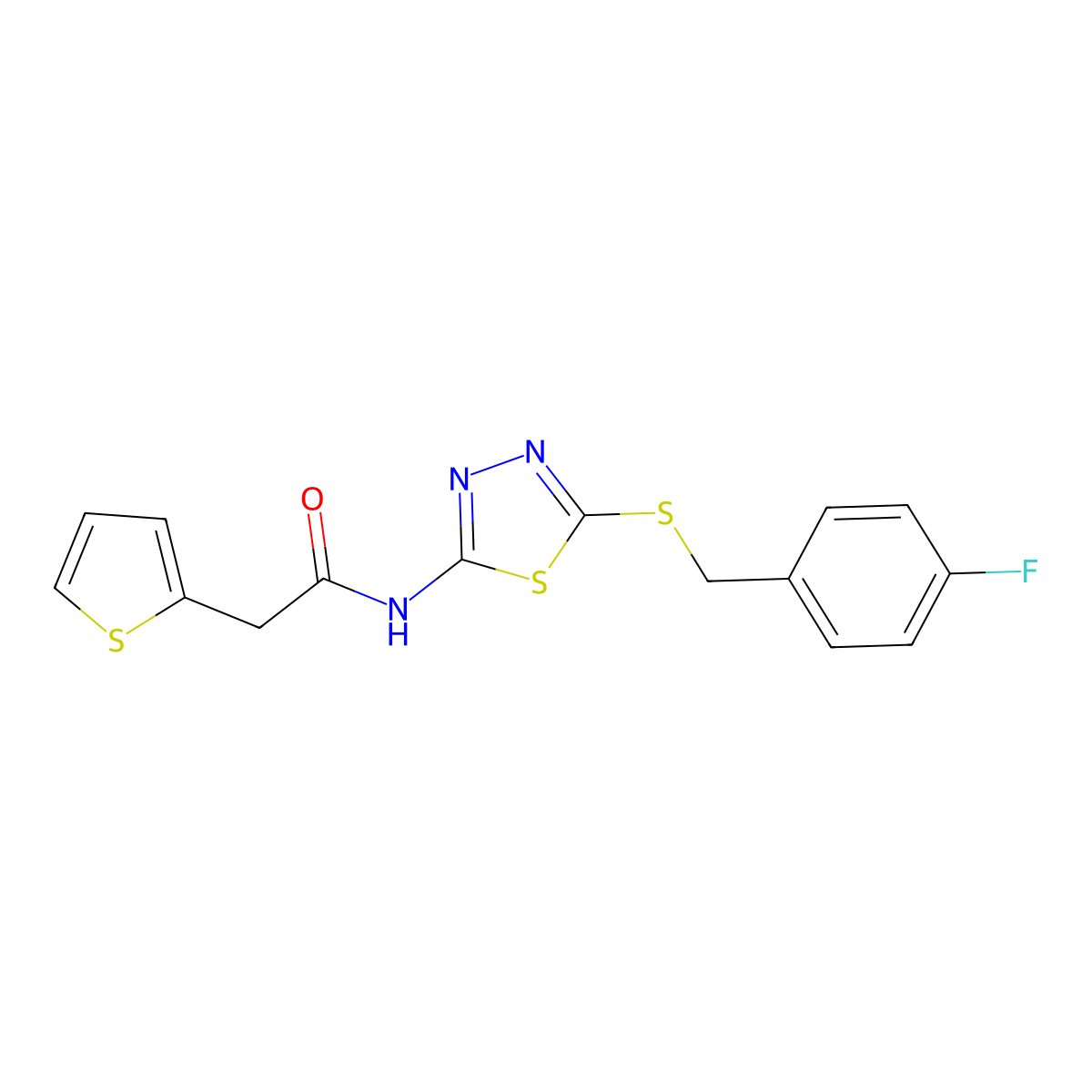 N-(5-((4-fluorobenzyl)thio)-1,3,4-thiadiazol-2-yl)-2-(thiophen-2-yl)acetamide molecular structure, CAS 477215-90-0