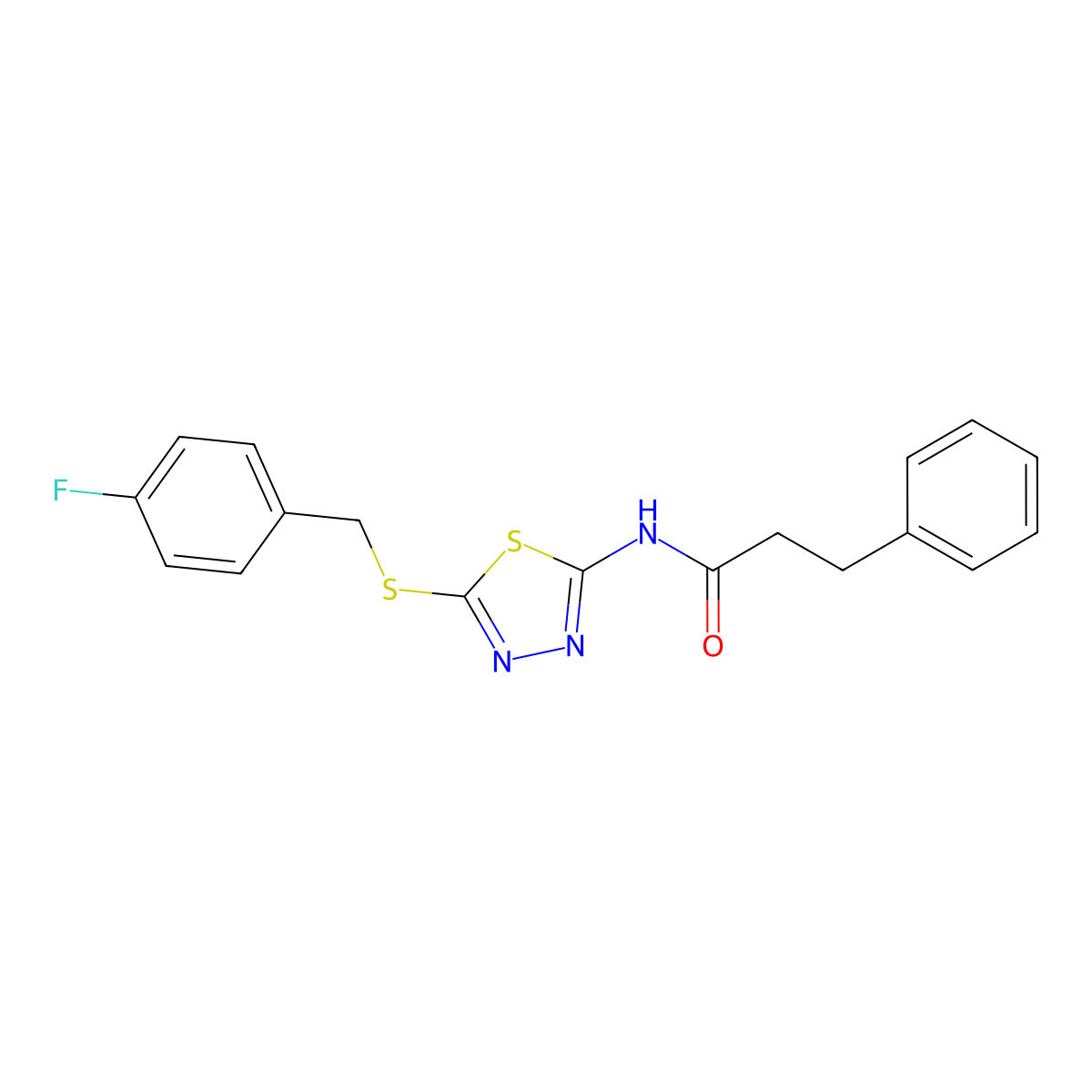 N-(5-((4-fluorobenzyl)thio)-1,3,4-thiadiazol-2-yl)-3-phenylpropanamide molecular structure, CAS 477215-96-6