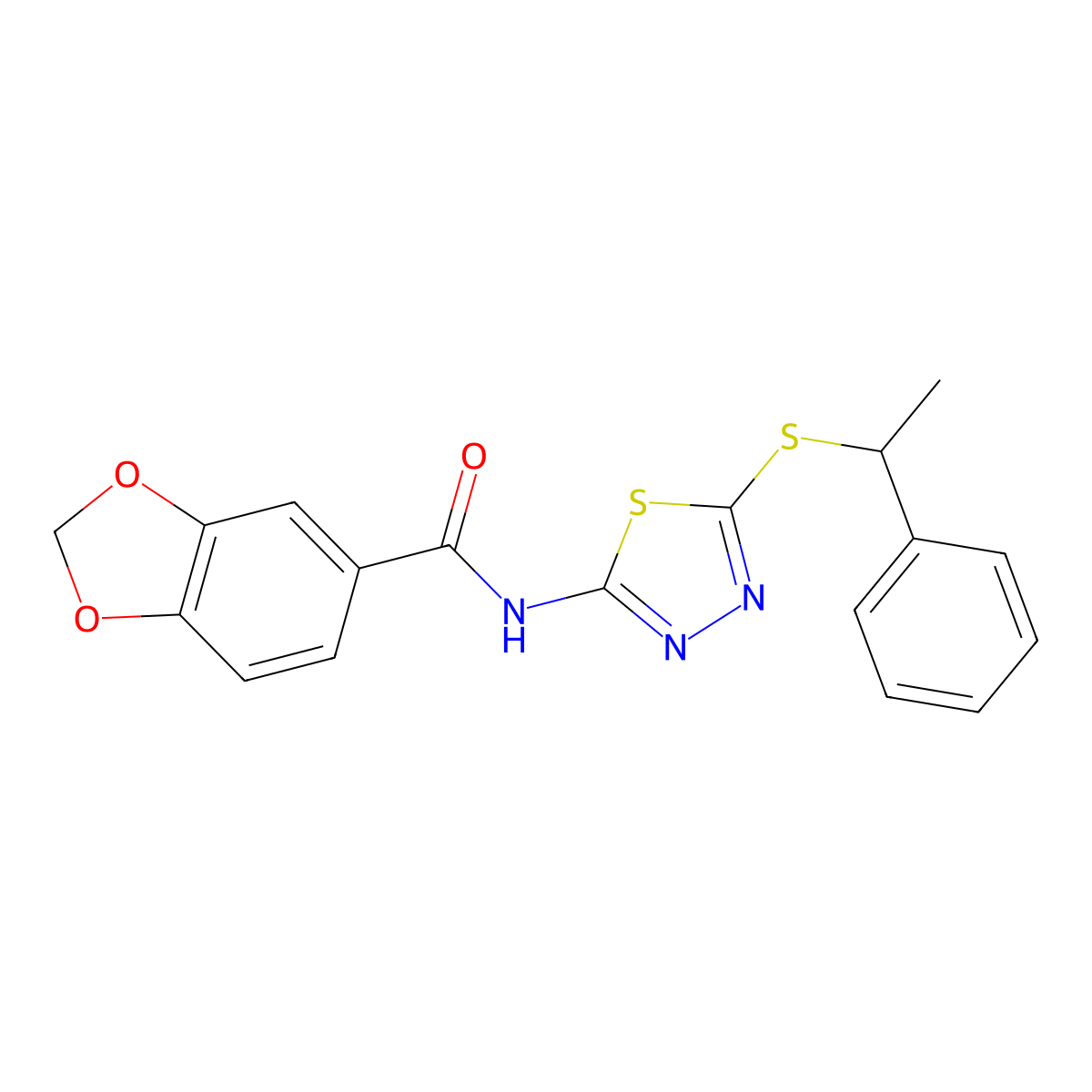 N-(5-((1-phenylethyl)thio)-1,3,4-thiadiazol-2-yl)benzo[d][1,3]dioxole-5-carboxamide molecular structure, CAS 477216-06-1