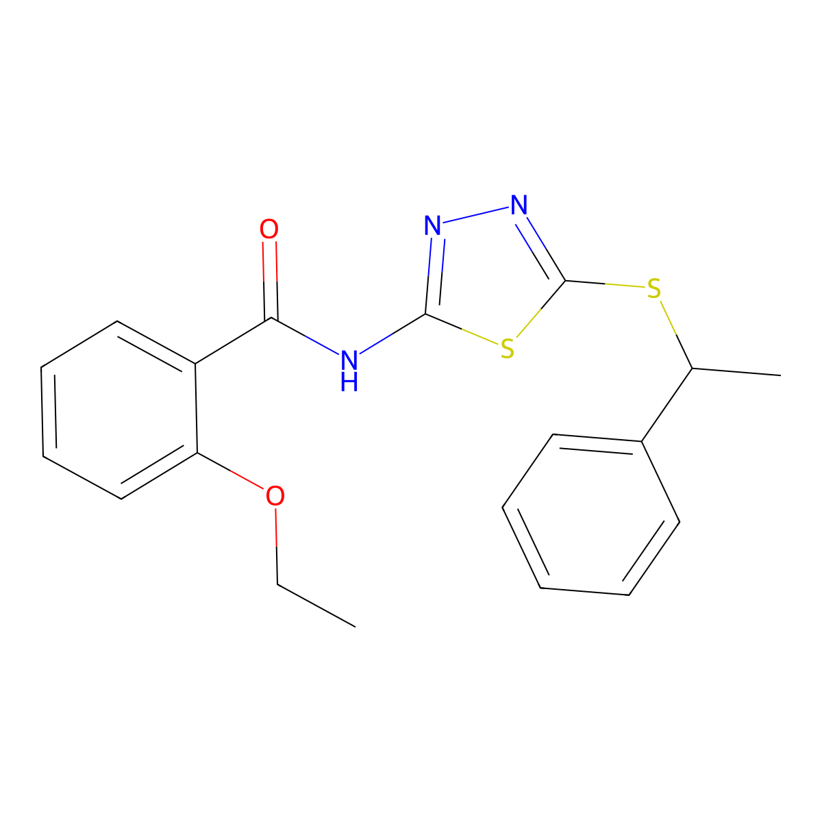 2-ethoxy-N-(5-((1-phenylethyl)thio)-1,3,4-thiadiazol-2-yl)benzamide molecular structure, CAS 477216-10-7