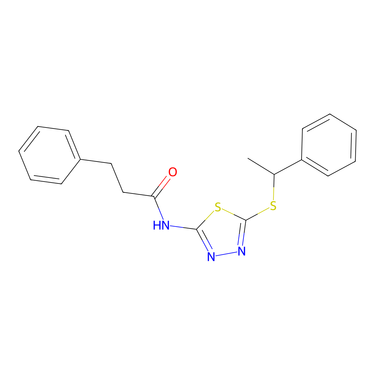 3-phenyl-N-(5-((1-phenylethyl)thio)-1,3,4-thiadiazol-2-yl)propanamide molecular structure, CAS 477216-12-9