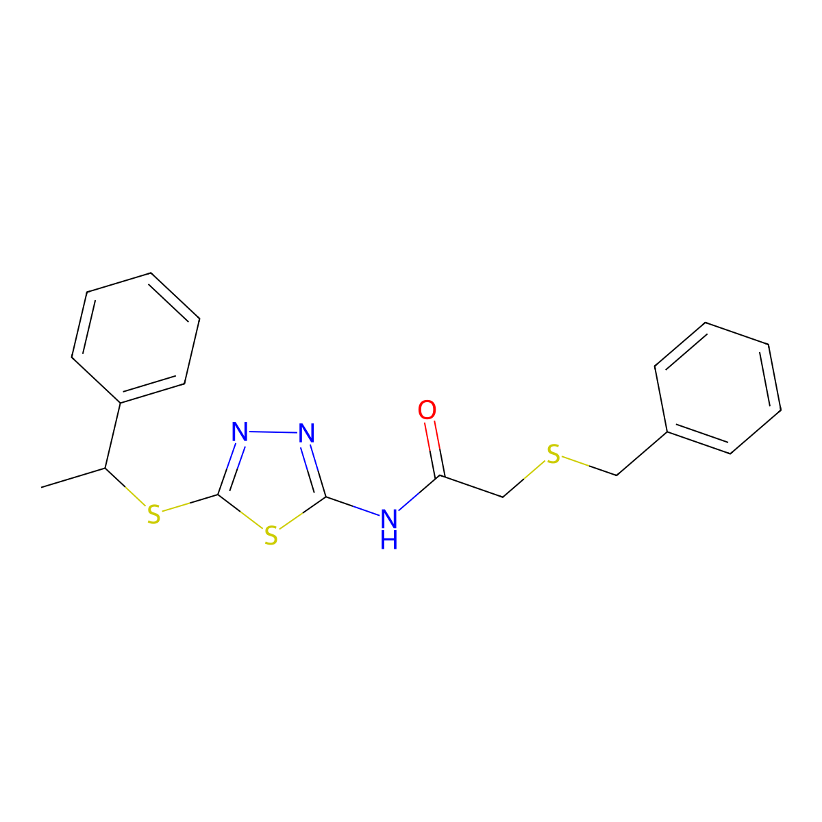 2-benzylsulfanyl-N-[5-(1-phenylethylsulfanyl)-1,3,4-thiadiazol-2-yl]acetamide molecular structure, CAS 477216-14-1