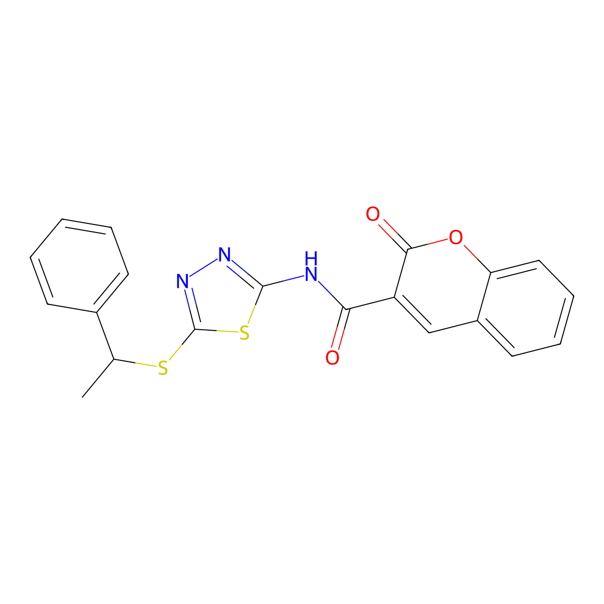 2-oxo-N-(5-((1-phenylethyl)thio)-1,3,4-thiadiazol-2-yl)-2H-chromene-3-carboxamide molecular structure, CAS 477216-15-2