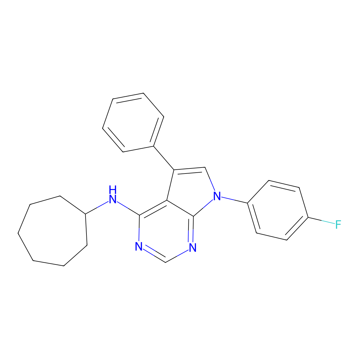 N-cycloheptyl-7-(4-fluorophenyl)-5-phenyl-7H-pyrrolo[2,3-d]pyrimidin-4-amine molecular structure, CAS 477229-82-6