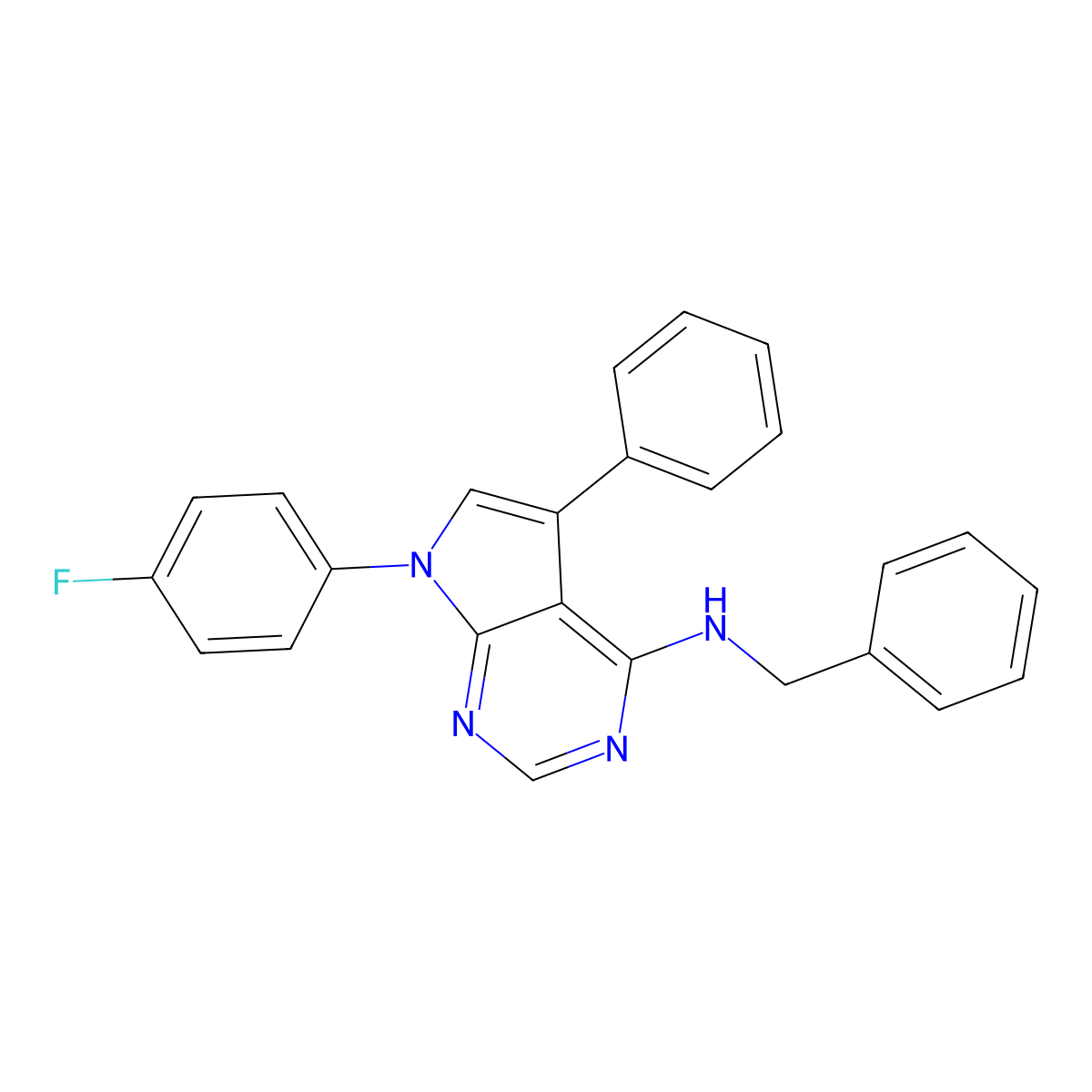 N-benzyl-7-(4-fluorophenyl)-5-phenyl-7H-pyrrolo[2,3-d]pyrimidin-4-amine molecular structure, CAS 477230-01-6