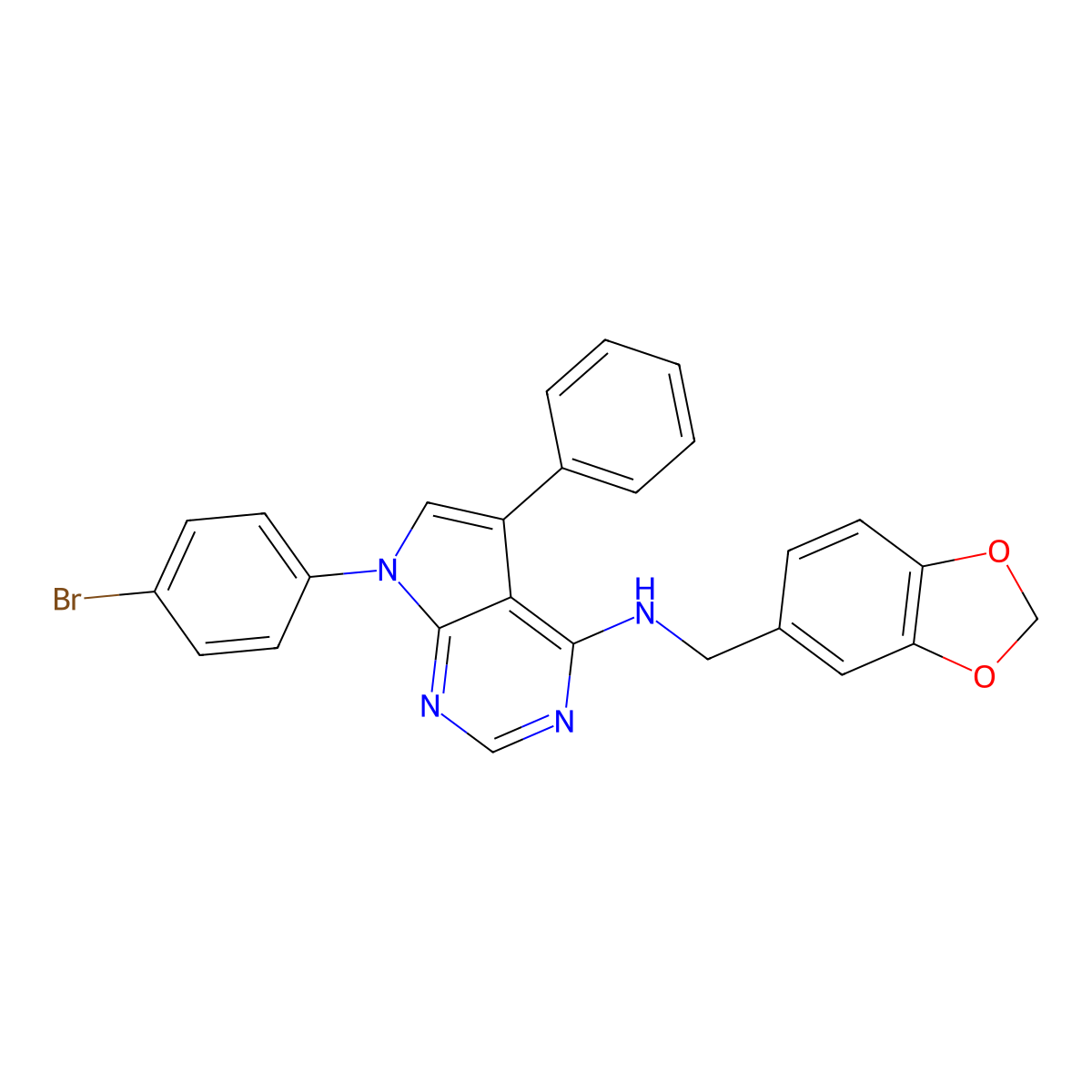 N-(1,3-benzodioxol-5-ylmethyl)-7-(4-bromophenyl)-5-phenyl-7H-pyrrolo[2,3-d]pyrimidin-4-amine molecular structure, CAS 477231-87-1