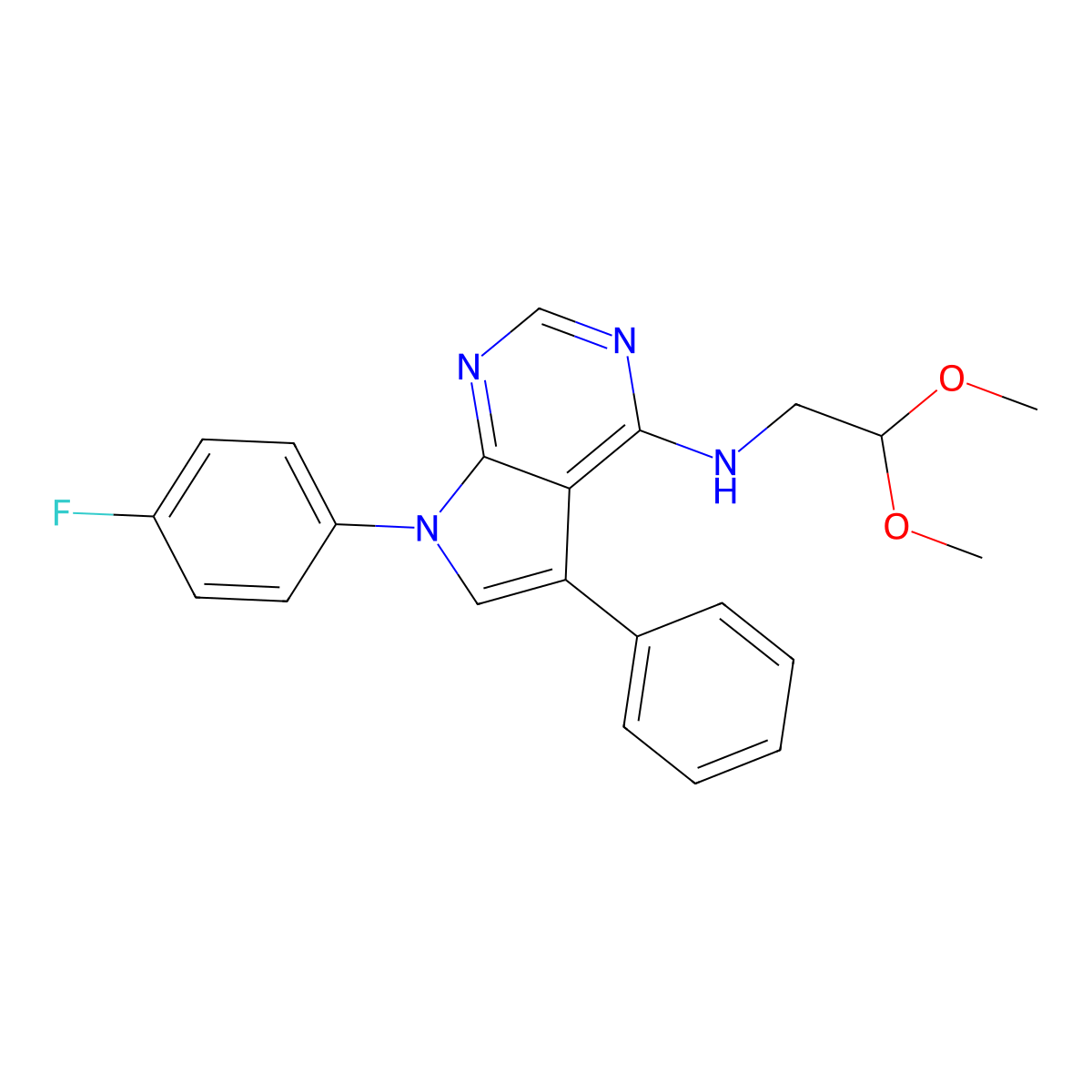 N-(2,2-dimethoxyethyl)-7-(4-fluorophenyl)-5-phenyl-7H-pyrrolo[2,3-d]pyrimidin-4-amine molecular structure, CAS 477232-52-3