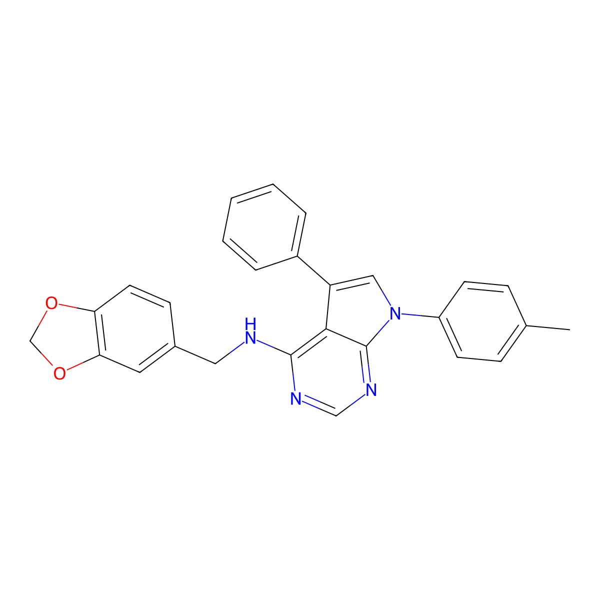 N-(1,3-benzodioxol-5-ylmethyl)-7-(4-methylphenyl)-5-phenylpyrrolo[2,3-d]pyrimidin-4-amine molecular structure, CAS 477233-08-2