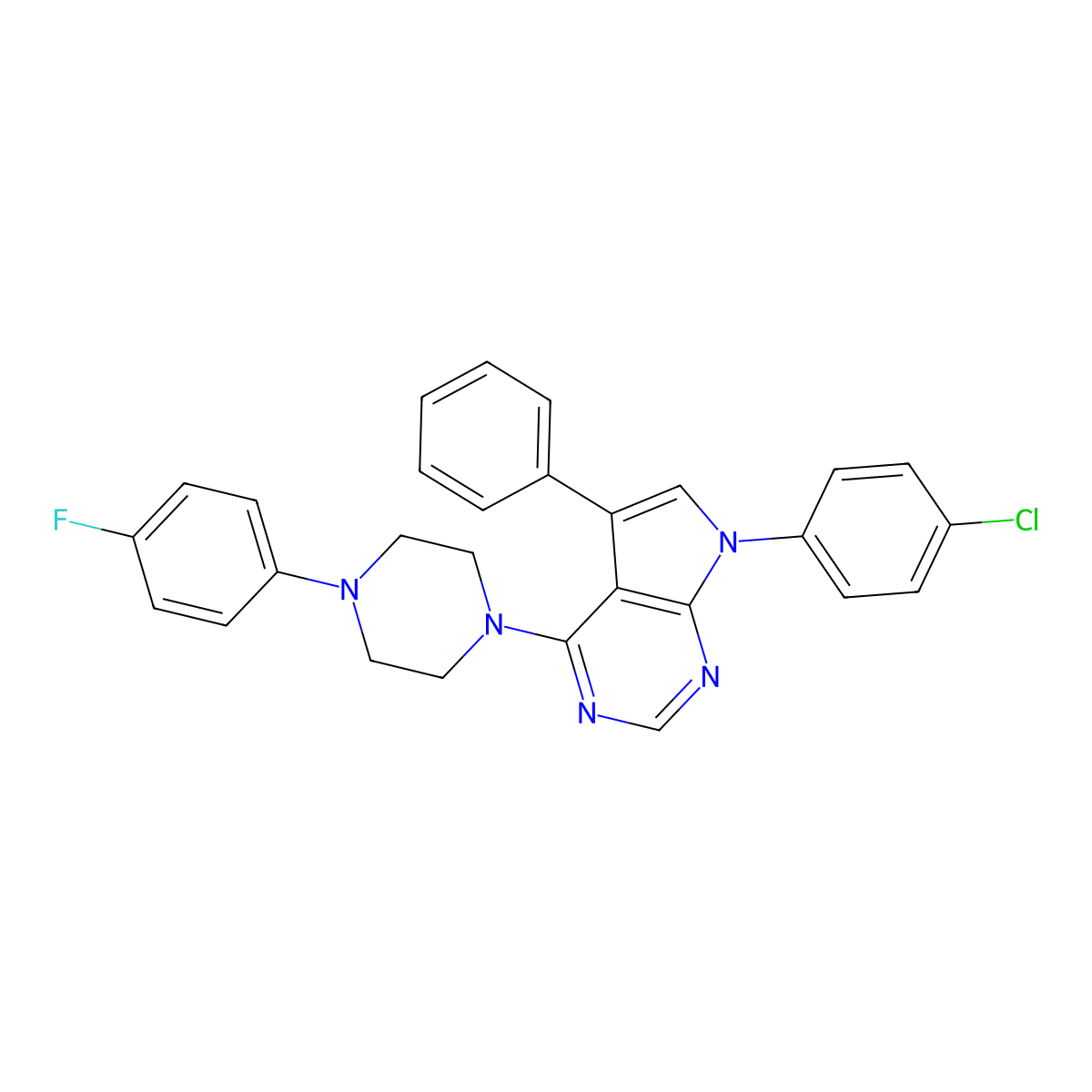 7-(4-chlorophenyl)-4-[4-(4-fluorophenyl)piperazin-1-yl]-5-phenyl-7H-pyrrolo[2,3-d]pyrimidine molecular structure, CAS 477235-31-7
