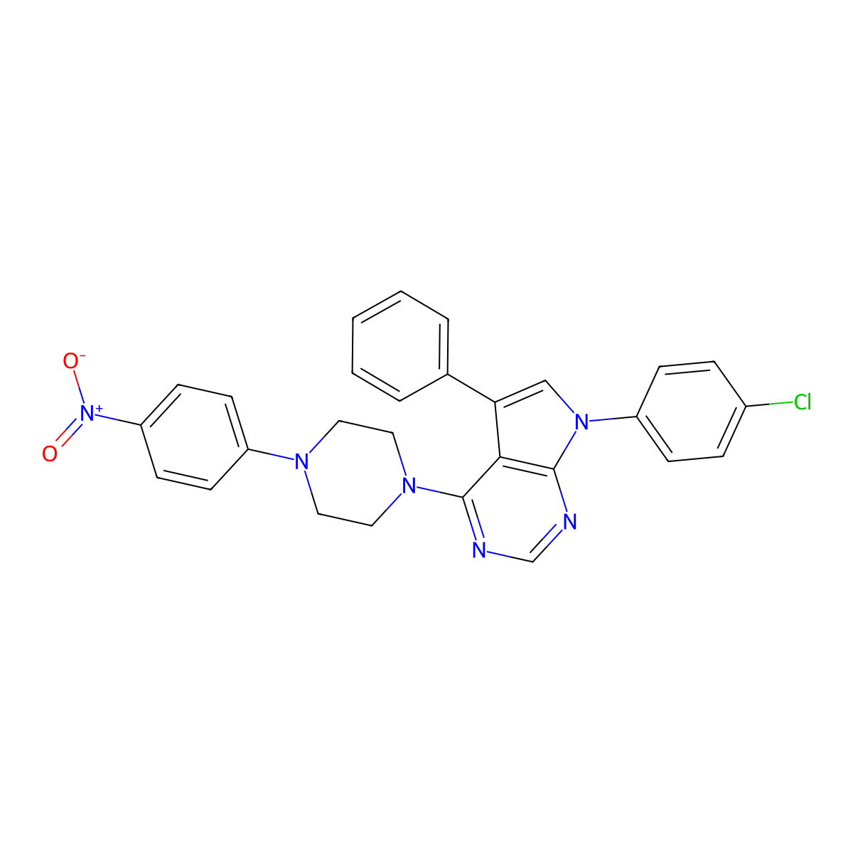 7-(4-chlorophenyl)-4-(4-(4-nitrophenyl)piperazin-1-yl)-5-phenyl-7H-pyrrolo[2,3-d]pyrimidine molecular structure, CAS 477235-32-8