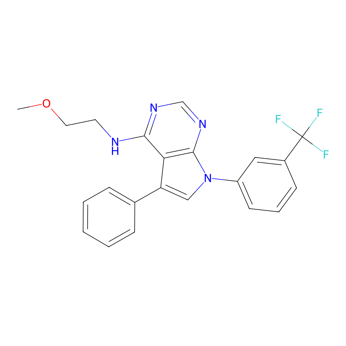 N-(2-methoxyethyl)-5-phenyl-7-[3-(trifluoromethyl)phenyl]-7H-pyrrolo[2,3-d]pyrimidin-4-amine molecular structure, CAS 477235-75-9