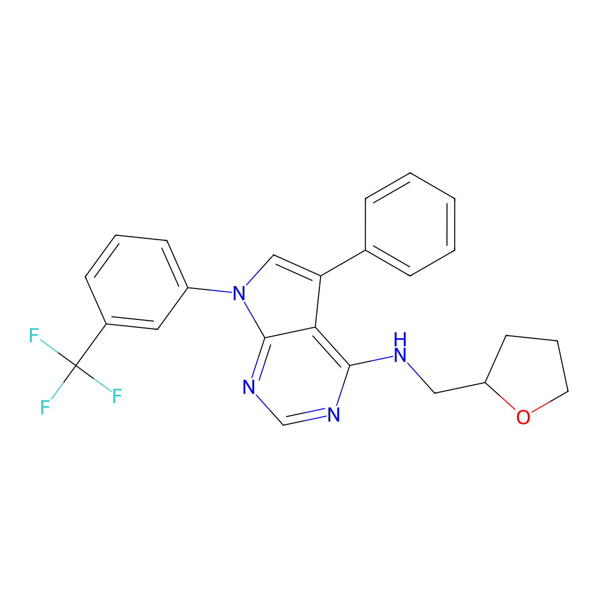 5-phenyl-N-((tetrahydrofuran-2-yl)methyl)-7-(3-(trifluoromethyl)phenyl)-7H-pyrrolo[2,3-d]pyrimidin-4-amine molecular structure, CAS 477236-31-0