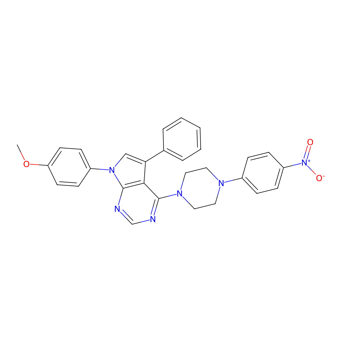 7-(4-methoxyphenyl)-4-(4-(4-nitrophenyl)piperazin-1-yl)-5-phenyl-7H-pyrrolo[2,3-d]pyrimidine molecular structure, CAS 477236-84-3