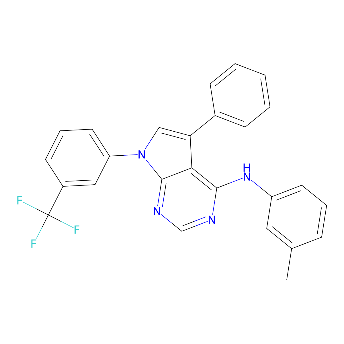 5-phenyl-N-(m-tolyl)-7-(3-(trifluoromethyl)phenyl)-7H-pyrrolo[2,3-d]pyrimidin-4-amine molecular structure, CAS 477237-01-7