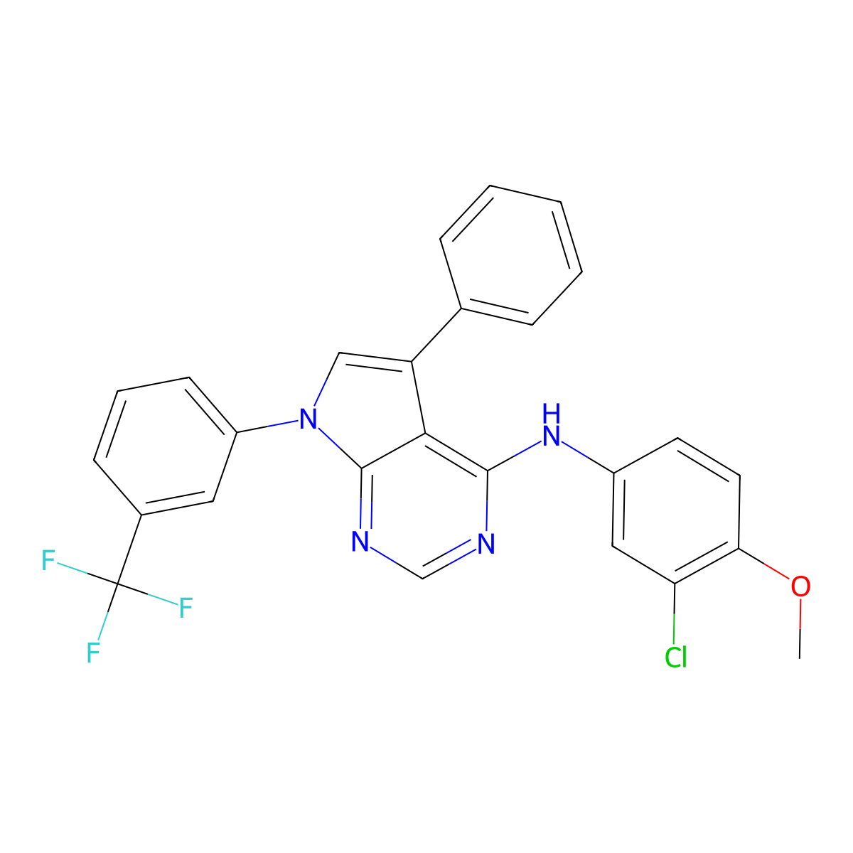 N-(3-chloro-4-methoxyphenyl)-5-phenyl-7-(3-(trifluoromethyl)phenyl)-7H-pyrrolo[2,3-d]pyrimidin-4-amine molecular structure, CAS 477237-86-8