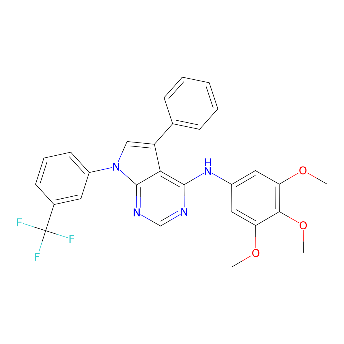 5-phenyl-7-(3-(trifluoromethyl)phenyl)-N-(3,4,5-trimethoxyphenyl)-7H-pyrrolo[2,3-d]pyrimidin-4-amine molecular structure, CAS 477237-94-8