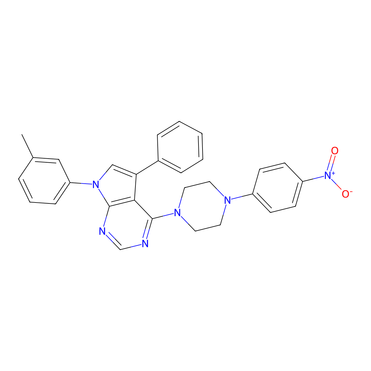 4-(4-(4-nitrophenyl)piperazin-1-yl)-5-phenyl-7-(m-tolyl)-7H-pyrrolo[2,3-d]pyrimidine molecular structure, CAS 477238-09-8
