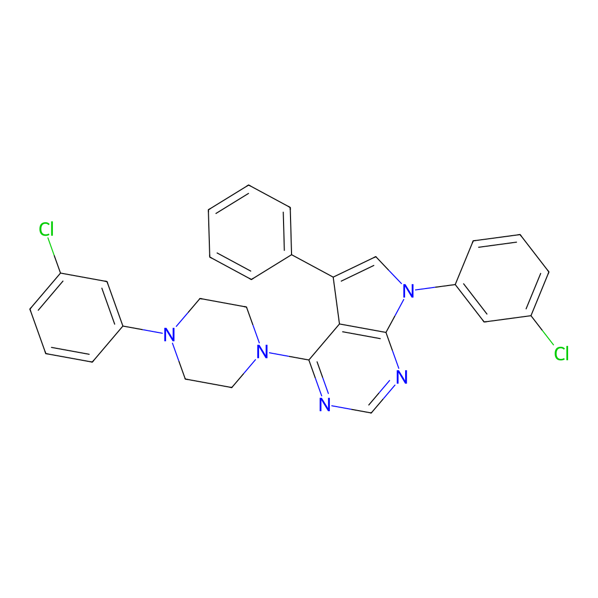 7-(3-chlorophenyl)-4-(4-(3-chlorophenyl)piperazin-1-yl)-5-phenyl-7H-pyrrolo[2,3-d]pyrimidine molecular structure, CAS 477239-90-0