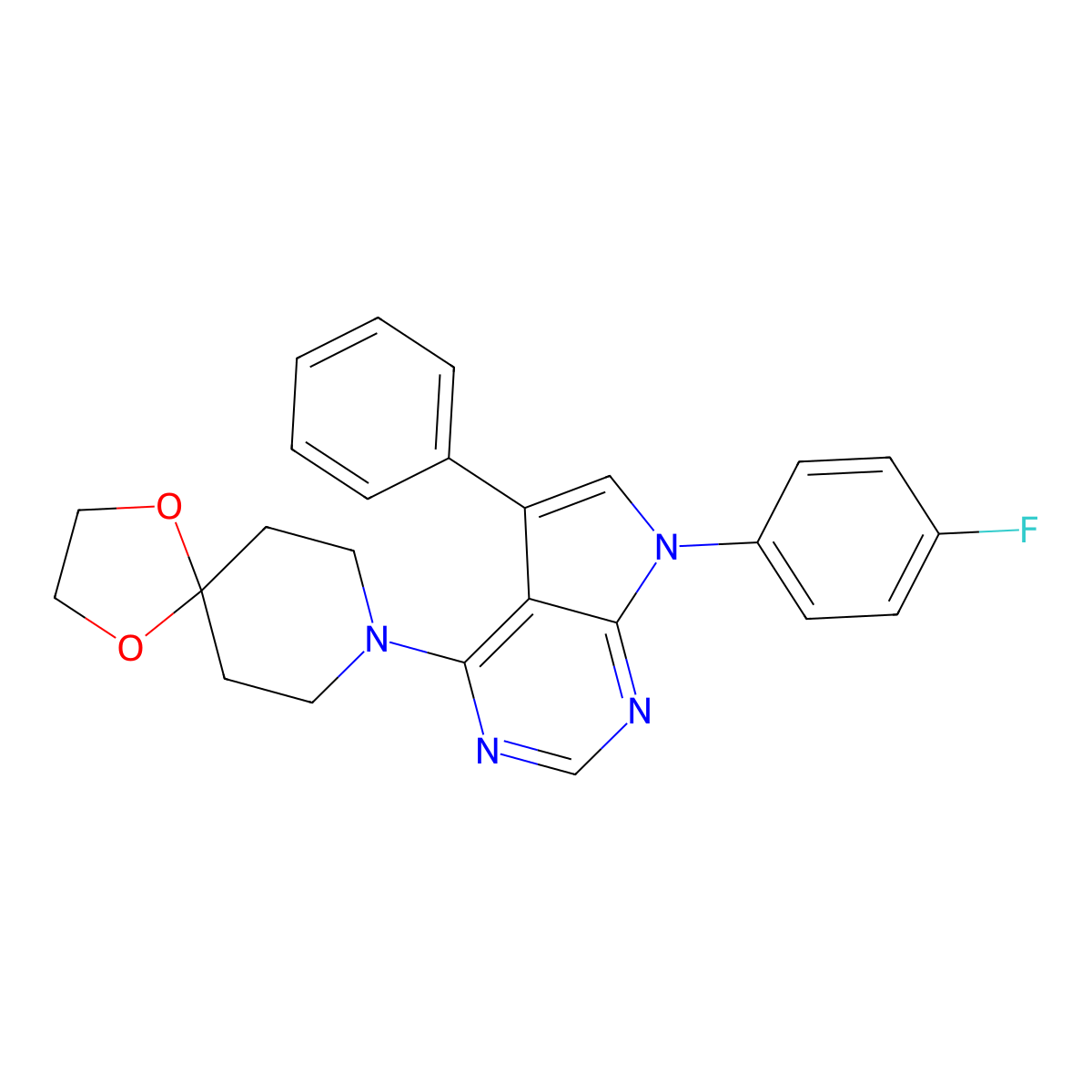 8-[7-(4-fluorophenyl)-5-phenyl-7H-pyrrolo[2,3-d]pyrimidin-4-yl]-1,4-dioxa-8-azaspiro[4.5]decane molecular structure, CAS 477240-25-8