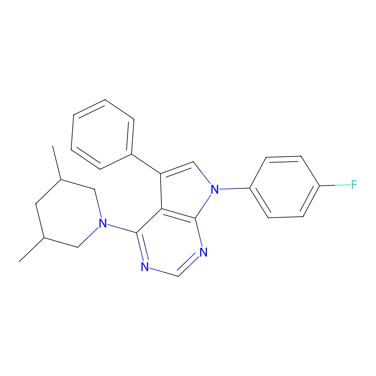 4-(3,5-dimethylpiperidin-1-yl)-7-(4-fluorophenyl)-5-phenyl-7H-pyrrolo[2,3-d]pyrimidine molecular structure, CAS 477240-26-9