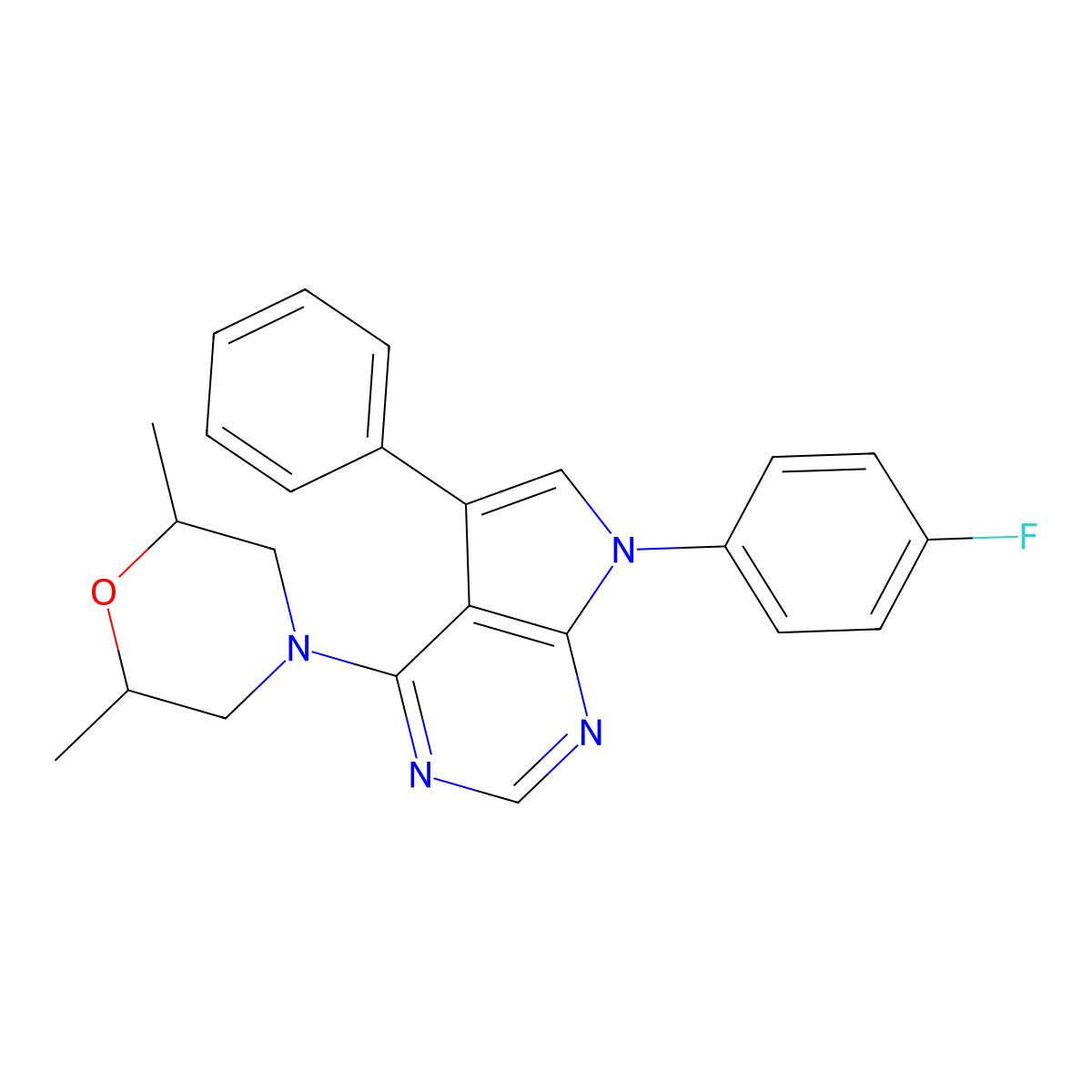 4-[7-(4-Fluorophenyl)-5-phenylpyrrolo[2,3-d]pyrimidin-4-yl]-2,6-dimethylmorpholine molecular structure, CAS 477240-30-5