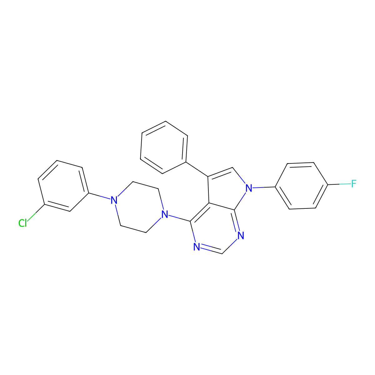 4-(4-(3-chlorophenyl)piperazin-1-yl)-7-(4-fluorophenyl)-5-phenyl-7H-pyrrolo[2,3-d]pyrimidine molecular structure, CAS 477240-40-7
