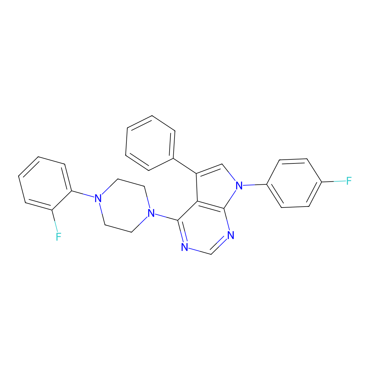 7-(4-fluorophenyl)-4-(4-(2-fluorophenyl)piperazin-1-yl)-5-phenyl-7H-pyrrolo[2,3-d]pyrimidine molecular structure, CAS 477240-41-8