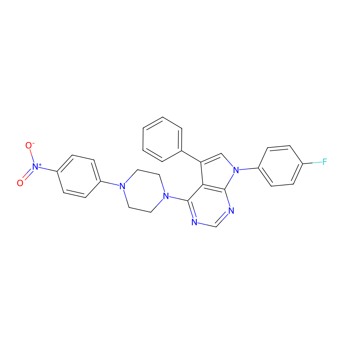 7-(4-fluorophenyl)-4-(4-(4-nitrophenyl)piperazin-1-yl)-5-phenyl-7H-pyrrolo[2,3-d]pyrimidine molecular structure, CAS 477240-43-0