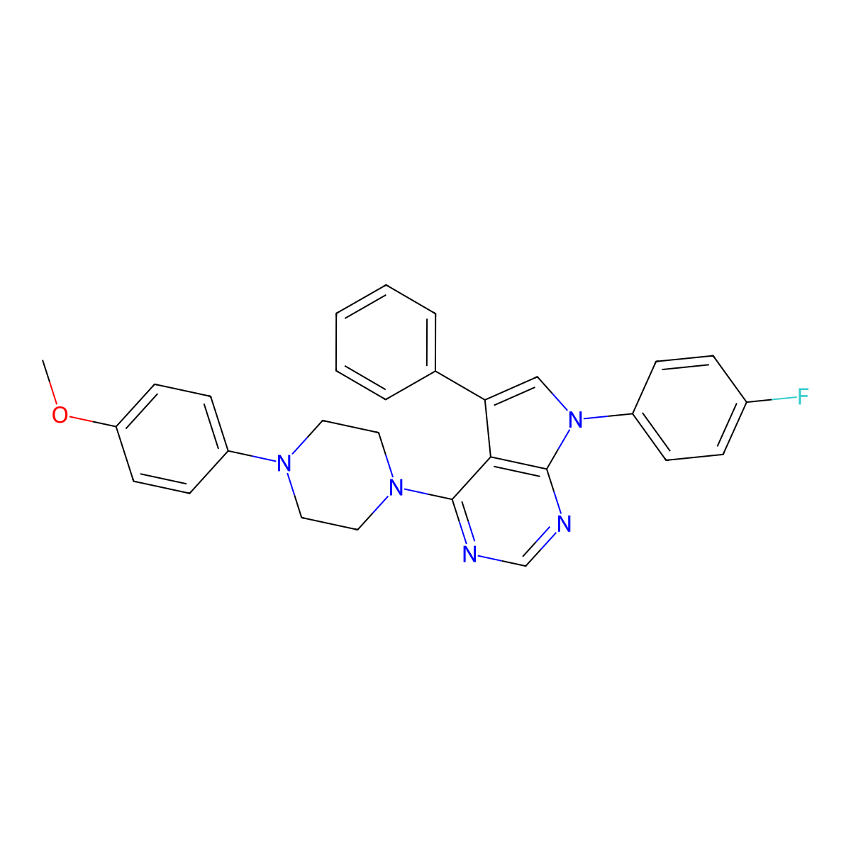7-(4-fluorophenyl)-4-(4-(4-methoxyphenyl)piperazin-1-yl)-5-phenyl-7H-pyrrolo[2,3-d]pyrimidine molecular structure, CAS 477240-46-3