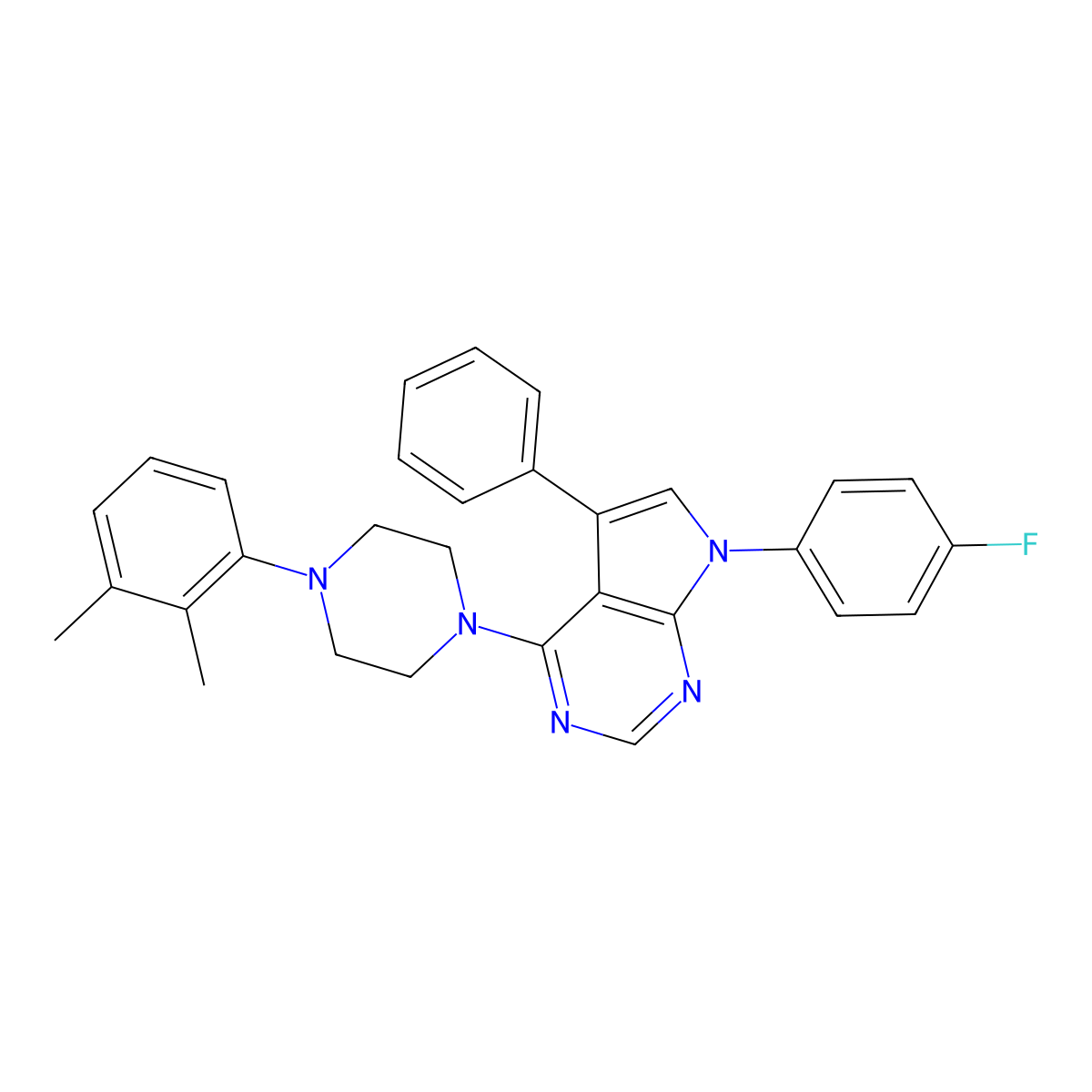 4-(4-(2,3-dimethylphenyl)piperazin-1-yl)-7-(4-fluorophenyl)-5-phenyl-7H-pyrrolo[2,3-d]pyrimidine molecular structure, CAS 477240-49-6