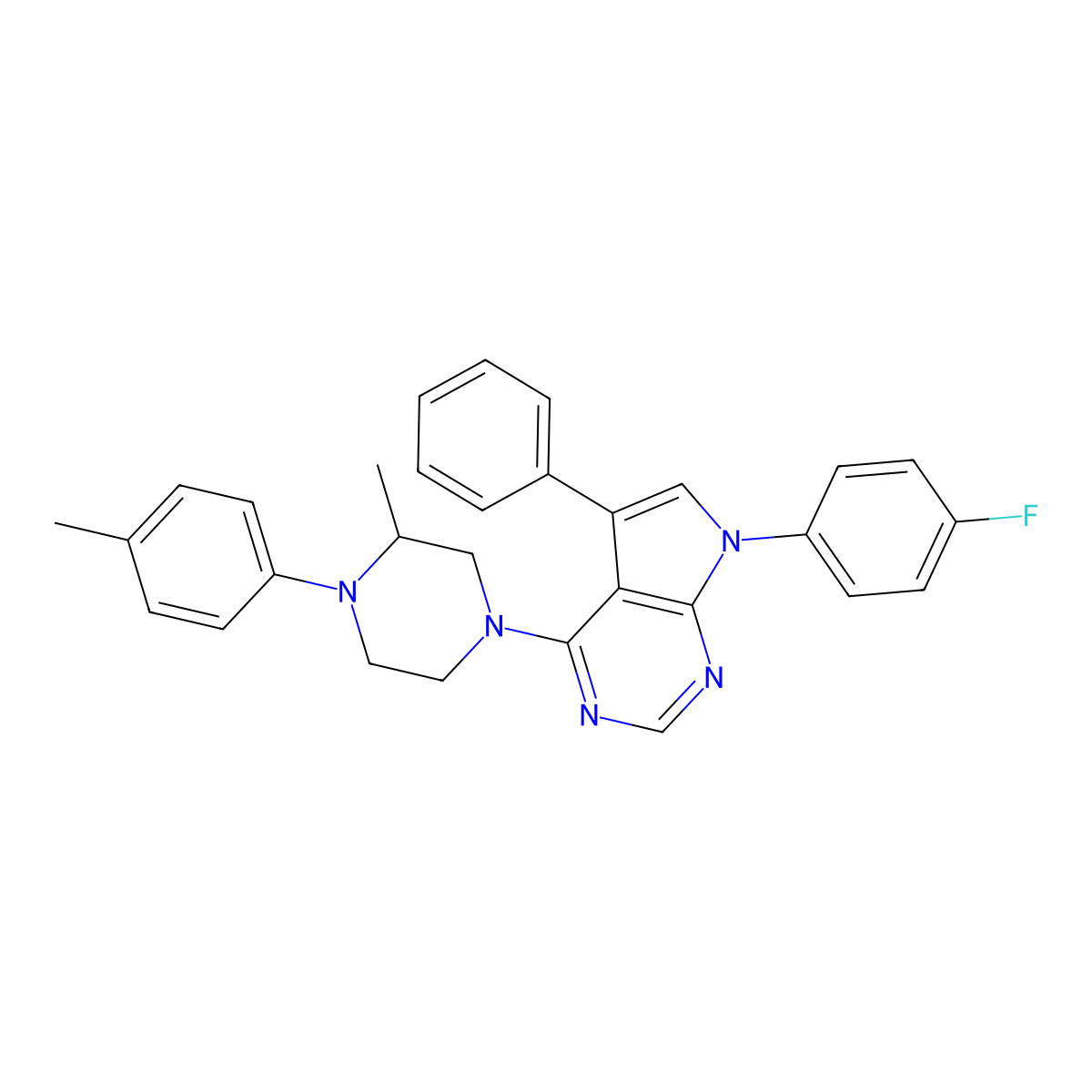 7-(4-fluorophenyl)-4-(3-methyl-4-(p-tolyl)piperazin-1-yl)-5-phenyl-7H-pyrrolo[2,3-d]pyrimidine molecular structure, CAS 477240-51-0