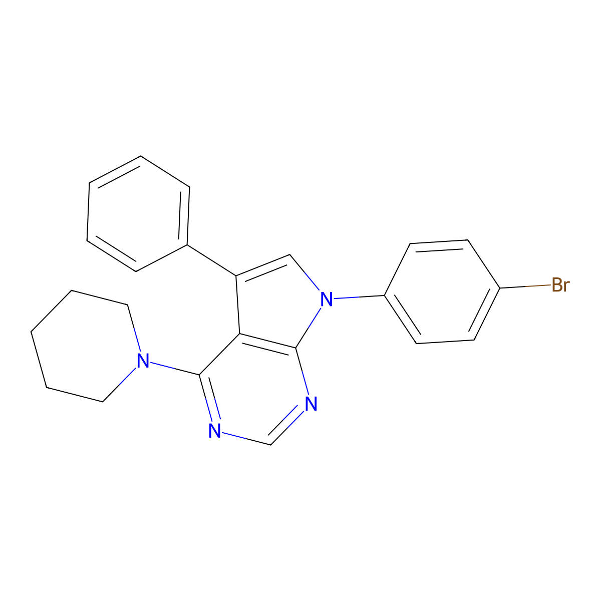 7-(4-bromophenyl)-5-phenyl-4-(piperidin-1-yl)-7H-pyrrolo[2,3-d]pyrimidine molecular structure, CAS 477240-69-0