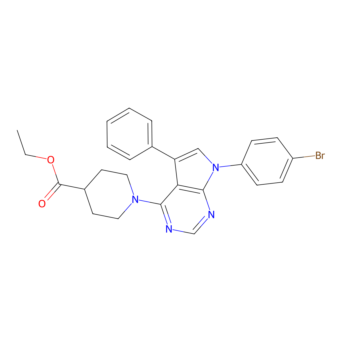 ethyl 1-[7-(4-bromophenyl)-5-phenyl-7H-pyrrolo[2,3-d]pyrimidin-4-yl]piperidine-4-carboxylate molecular structure, CAS 477240-73-6