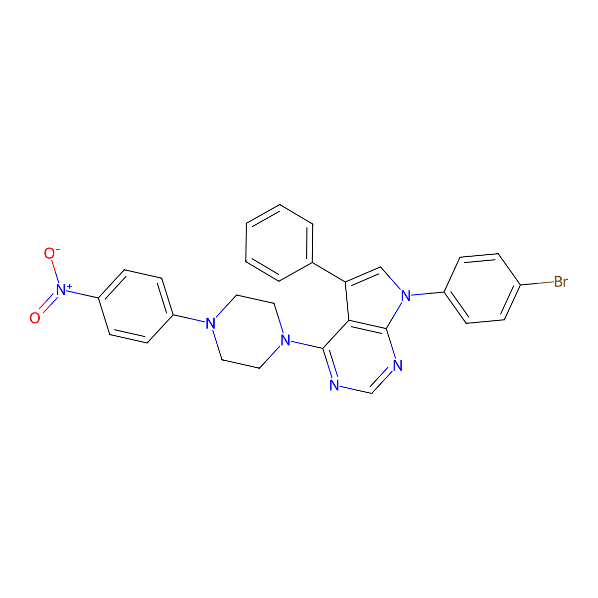 7-(4-bromophenyl)-4-(4-(4-nitrophenyl)piperazin-1-yl)-5-phenyl-7H-pyrrolo[2,3-d]pyrimidine molecular structure, CAS 477240-96-3
