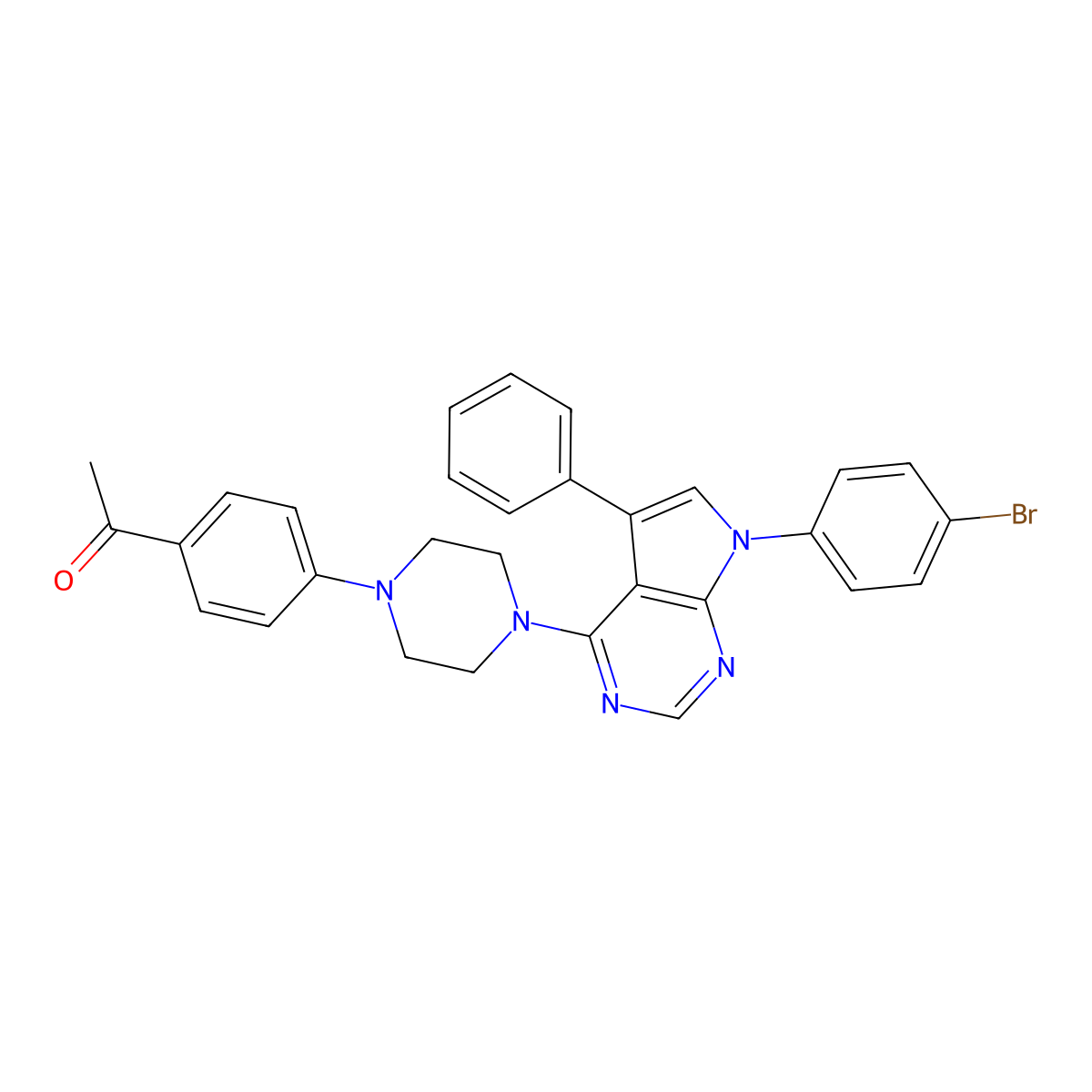 1-(4-(4-(7-(4-bromophenyl)-5-phenyl-7H-pyrrolo[2,3-d]pyrimidin-4-yl)piperazin-1-yl)phenyl)ethanone molecular structure, CAS 477241-01-3