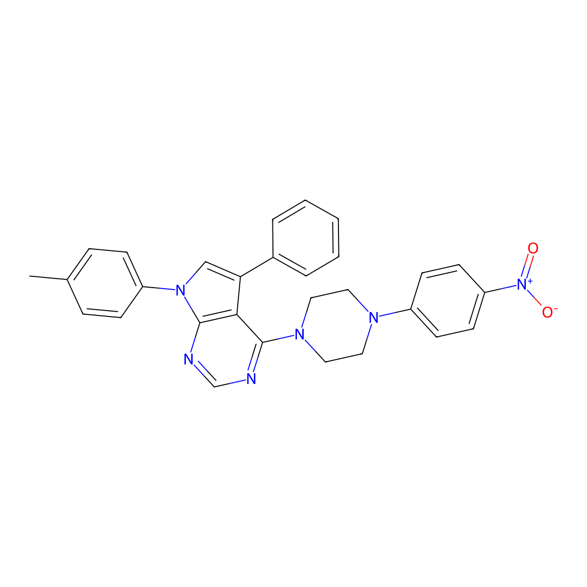 4-(4-(4-nitrophenyl)piperazin-1-yl)-5-phenyl-7-(p-tolyl)-7H-pyrrolo[2,3-d]pyrimidine molecular structure, CAS 477241-47-7