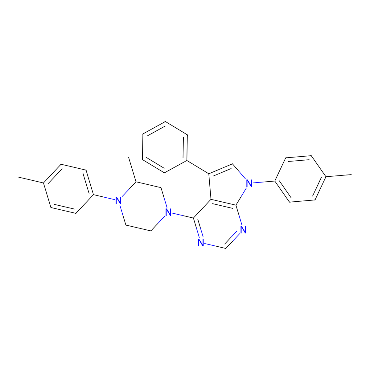 4-(3-methyl-4-(p-tolyl)piperazin-1-yl)-5-phenyl-7-(p-tolyl)-7H-pyrrolo[2,3-d]pyrimidine molecular structure, CAS 477241-55-7