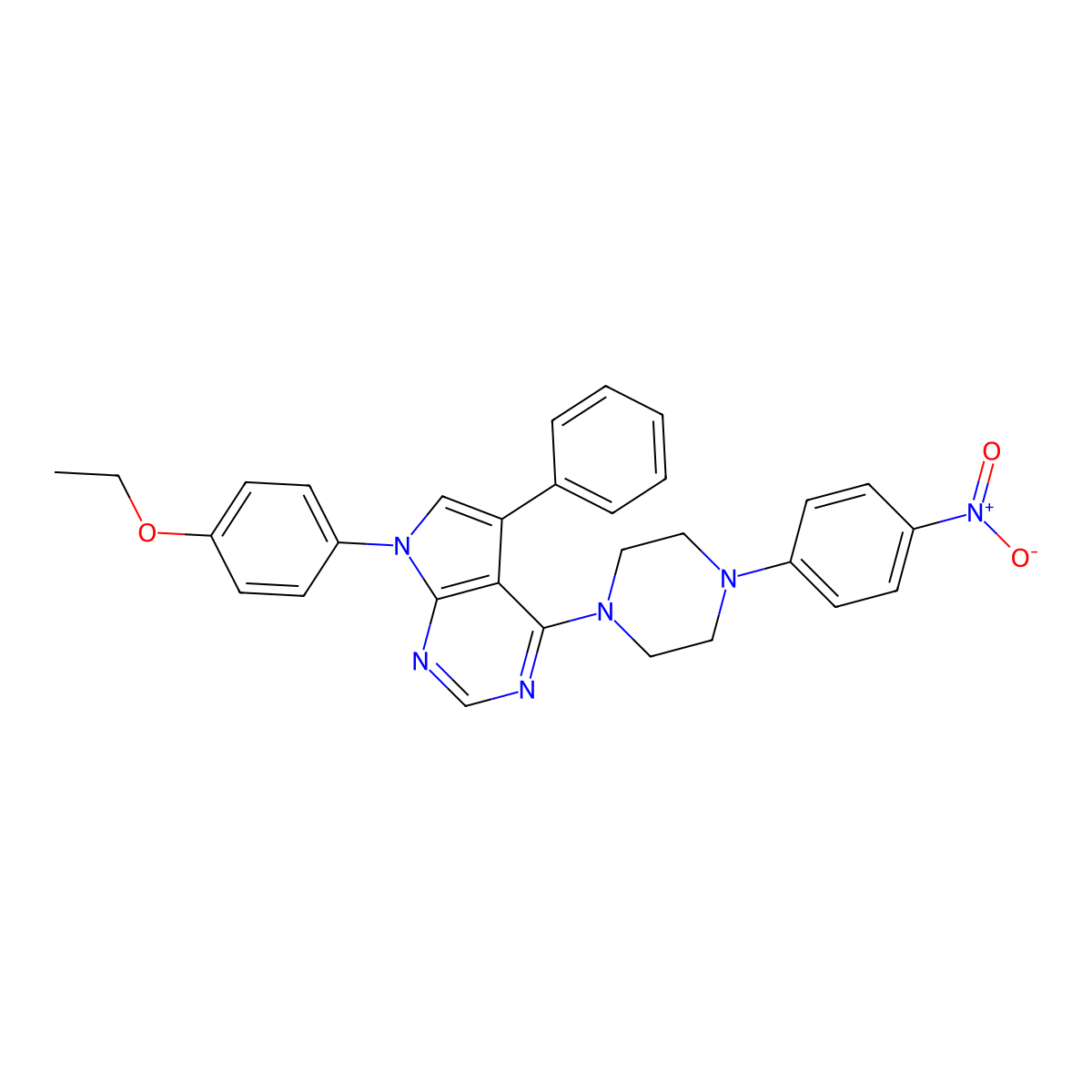 7-(4-ethoxyphenyl)-4-(4-(4-nitrophenyl)piperazin-1-yl)-5-phenyl-7H-pyrrolo[2,3-d]pyrimidine molecular structure, CAS 477242-04-9