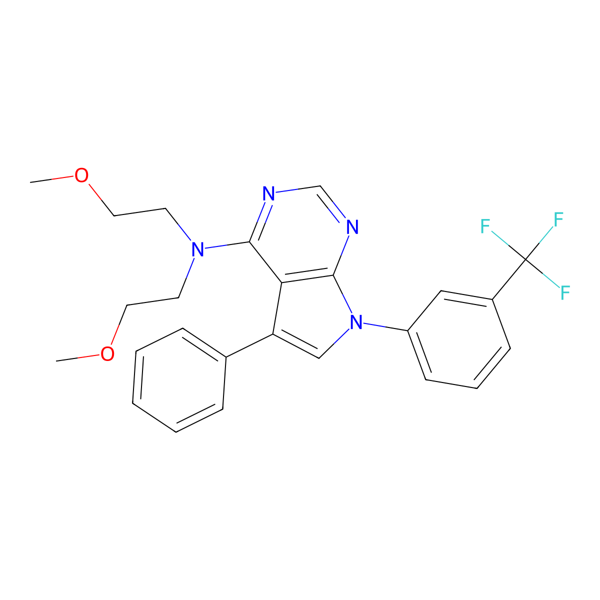 N,N-bis(2-methoxyethyl)-5-phenyl-7-(3-(trifluoromethyl)phenyl)-7H-pyrrolo[2,3-d]pyrimidin-4-amine molecular structure, CAS 477242-18-5