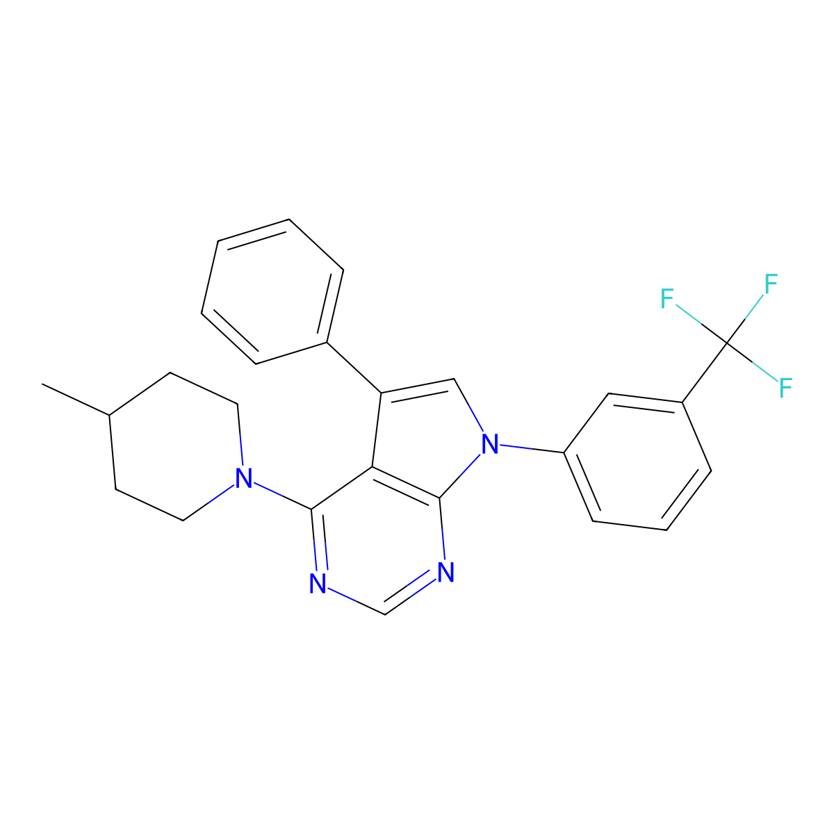 4-(4-methylpiperidin-1-yl)-5-phenyl-7-[3-(trifluoromethyl)phenyl]-7H-pyrrolo[2,3-d]pyrimidine molecular structure, CAS 477242-32-3