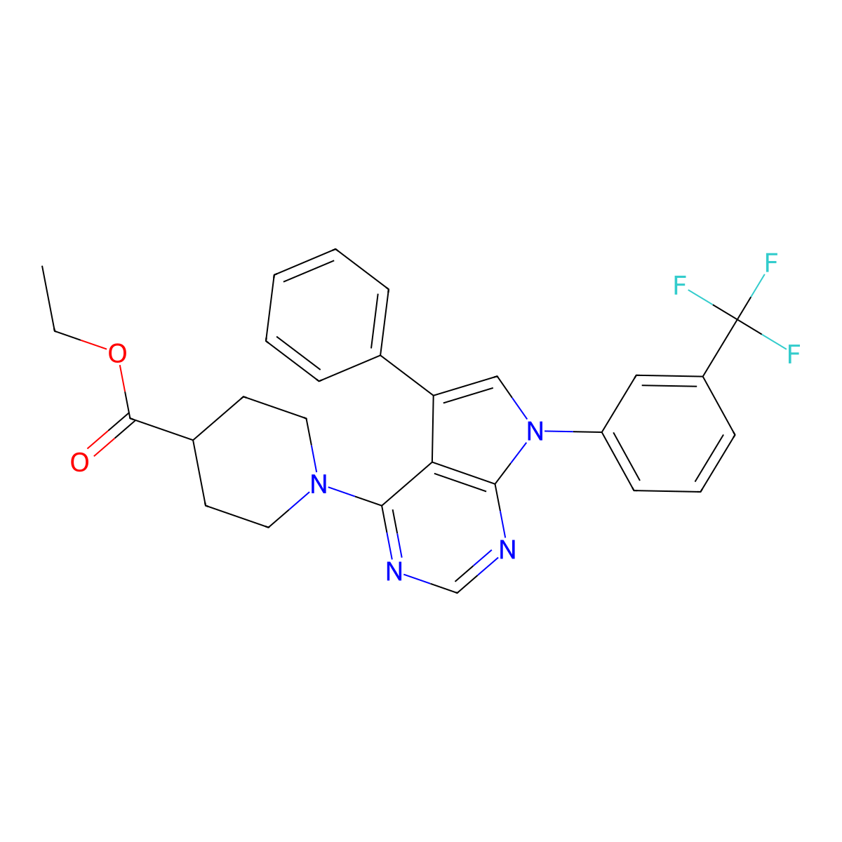 ethyl 1-(5-phenyl-7-(3-(trifluoromethyl)phenyl)-7H-pyrrolo[2,3-d]pyrimidin-4-yl)piperidine-4-carboxylate molecular structure, CAS 477242-34-5