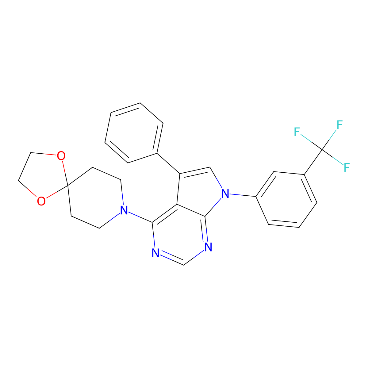 8-(5-phenyl-7-(3-(trifluoromethyl)phenyl)-7H-pyrrolo[2,3-d]pyrimidin-4-yl)-1,4-dioxa-8-azaspiro[4.5]decane molecular structure, CAS 477242-37-8