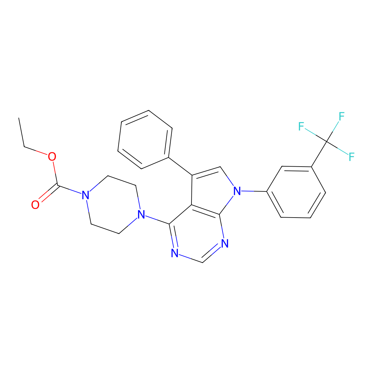 ethyl 4-{5-phenyl-7-[3-(trifluoromethyl)phenyl]-7H-pyrrolo[2,3-d]pyrimidin-4-yl}piperazine-1-carboxylate molecular structure, CAS 477242-45-8