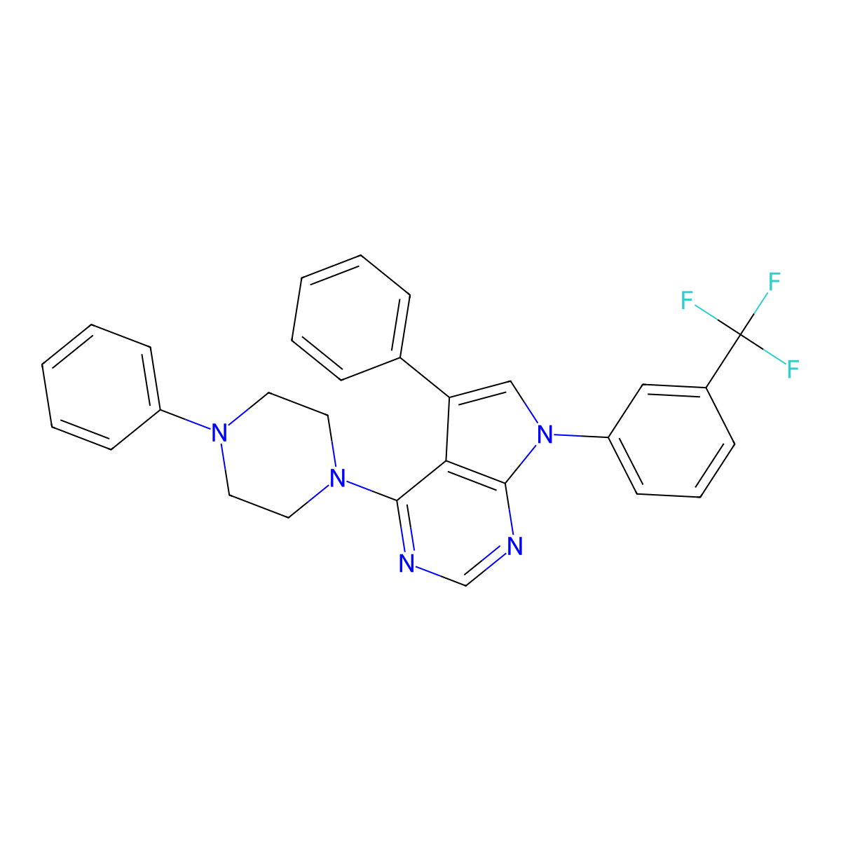 5-phenyl-4-(4-phenylpiperazin-1-yl)-7-[3-(trifluoromethyl)phenyl]-7H-pyrrolo[2,3-d]pyrimidine molecular structure, CAS 477242-49-2